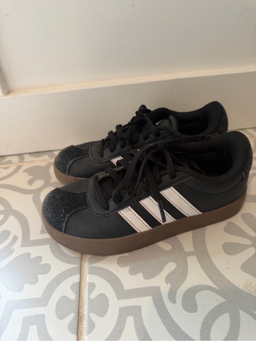 adidas Black Kids Sneakers with White Stripes and Brown Sole